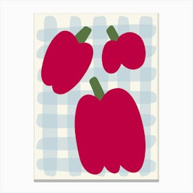 Red Peppers On A Checkered Tablecloth Blue Canvas Print