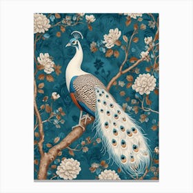 Turquoise & White Peacock On A Branch Wallpaper Canvas Print