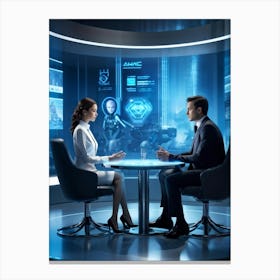 Futuristic Job Interview Scene With An Ai Avatar Interviewing A Humanoid Robot Both Seated At A Sle (5) Canvas Print