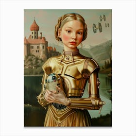 Lady C-3Po with R2d2 toy, pop oil painting, print art Canvas Print