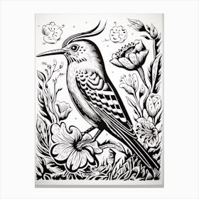 B&W Bird Linocut Hoopoe 1 Canvas Print