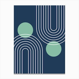 Mid Century Modern Geometric In Navy Blue And Greenery (Rainbow And Sun Abstract) 01 Canvas Print