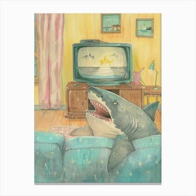 Shark On The Sofa Watching Tv Watercolour Illustration Canvas Print