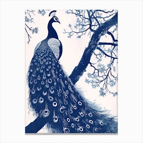 Navy & Cream Peacock On A Tree 4 Canvas Print