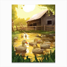 Ducklings Swimming On The Pond At The Farm Canvas Print