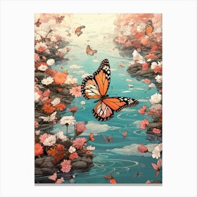 Butterflies At Sunset By The River Japanese Style Painting 1 Canvas Print