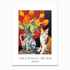 Cats & Flowers Collection Daffodil Flower Vase And A Cat, A Painting In The Style Of Matisse 2 Canvas Print