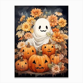 Cute Bedsheet Ghost, Botanical Halloween Watercolour 18 Canvas Print