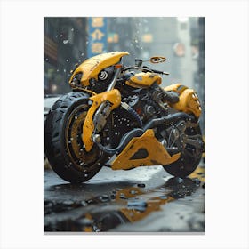 Yellow Motorcycle In The Rain Canvas Print