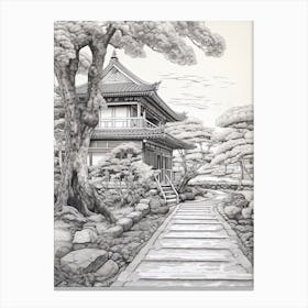 Koya San In Wakayama, Ukiyo E Black And White Line Art Drawing 1 Canvas Print