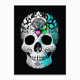 Skull With Tattoo Style Artwork Primary Colours Doodle Canvas Print