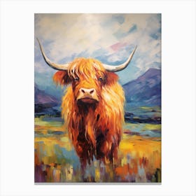 Colourful Brushstroke Of A Highland Cow By The Mountains Canvas Print