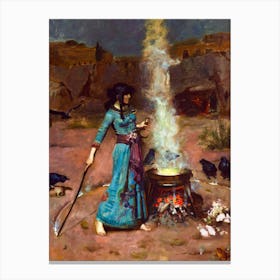 The Magic Circle by John William Waterhouse - Remastered Oil Painting Mythological Pagan Witchy Fairytale Dreamy Occult Magick Goddess Featuring The Blue Dress, Cauldron, Smoke, Frog and Crows Canvas Print