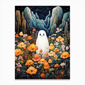 Cute Bedsheet Ghost, Botanical Halloween Watercolour 156 Canvas Print
