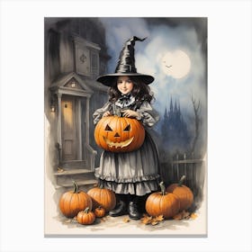 Little Witch With Pumpkins Canvas Print