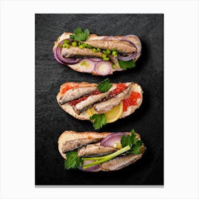 Sandwiches with sprats and caviar — Food kitchen poster/blackboard, photo art Canvas Print