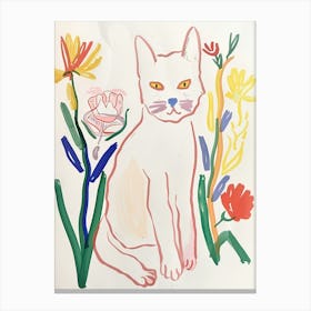 Cute White Cat With Flowers Illustration 2 Canvas Print