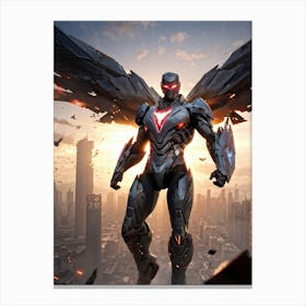 Battle Worn Cyborg Superhero Steel Wings Unfurled And Catching Fragments Of Light War Torn Citysca Canvas Print