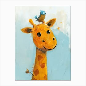 Small Joyful Giraffe With A Bird On Its Head 7 Canvas Print