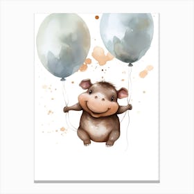 Baby Hippopotamus Flying With Ballons, Watercolour Nursery Art 2 Canvas Print