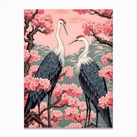 Cherry Blossom And Cranes Vintage Japanese Botanical Canvas Print