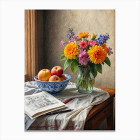 Vase Of Flowers And Apples Canvas Print