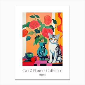 Cats & Flowers Collection Rose Flower Vase And A Cat, A Painting In The Style Of Matisse 3 Canvas Print