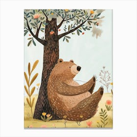 Sloth Bear Scratching Its Back Against A Tree Storybook Illustration 3 Canvas Print