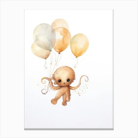 Baby Octopus Flying With Ballons, Watercolour Nursery Art 4 Canvas Print