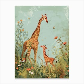 Mother Giraffe & Calf Colourful Illustration 3 Canvas Print