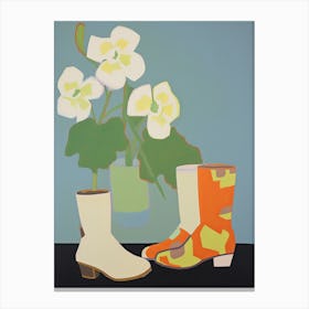 A Painting Of Cowboy Boots With White Flowers, Pop Art Style 9 Canvas Print