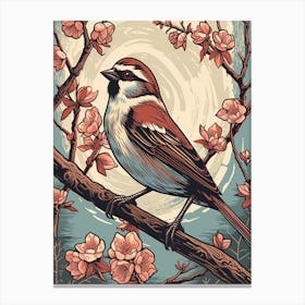 Vintage Bird Linocut House Sparrow 4 Canvas Print