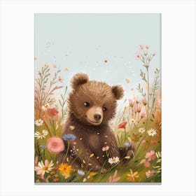 Brown Bear Cub In A Field Of Flowers Storybook Illustration 4 Canvas Print