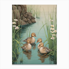 Ducklings In The River Japanese Woodblock Style 3 Canvas Print