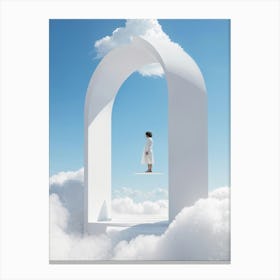 Cumulus Clouds Morph Into An Abstract Cartoon Style Portal Where A Solitary Figure Levitates Their (1) 2 Canvas Print