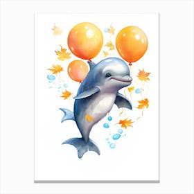 Dolphin Flying With Autumn Fall Pumpkins And Balloons Watercolour Nursery 2 Canvas Print