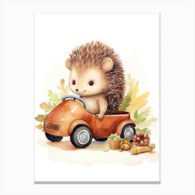 Baby Hedgehog On Toy Car, Watercolour Nursery 1 Canvas Print