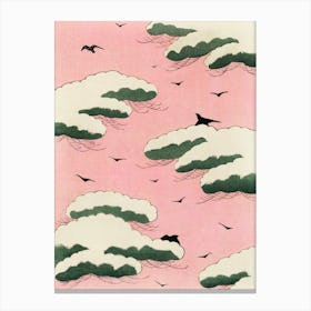 Pink Sky With Clouds And Birds, Vintage Japanese Art Canvas Print