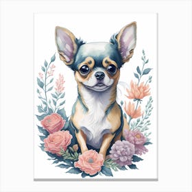 Cute Floral Chihuahua Dog Portrait Painting (9) Canvas Print