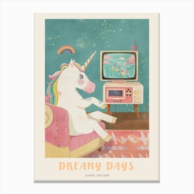 Pastel Unicorn Playing Video Games Storybook Style Poster Canvas Print
