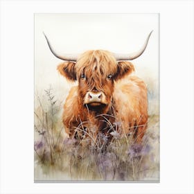 Grassy Highland Cow Watercolour 3 Canvas Print