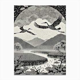 Cranes In Flight Ukiyo-E Canvas Print