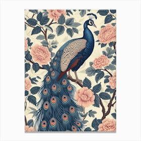 Blue & Cream Floral Peony Peacock Canvas Print