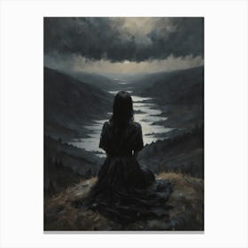 Horizon - Dark Aesthetic Moody Art of a Woman Sitting in Solitude Contemplating Alone at Night | Altar Wall Decor Vintage Oil Painting in HD Canvas Print