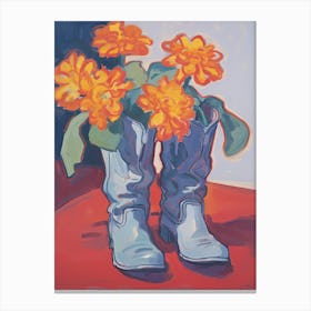 A Painting Of Cowboy Boots With Orange Flowers, Fauvist Style, Still Life 3 Canvas Print