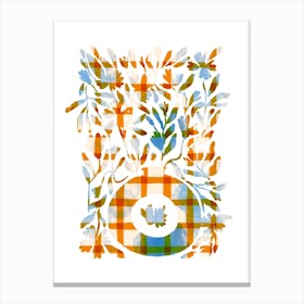 Dyed blue and orange checks in a Vase Canvas Print
