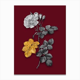 Vintage Damask Rose Black and White Gold Leaf Floral Art on Burgundy Red n.0137 Canvas Print