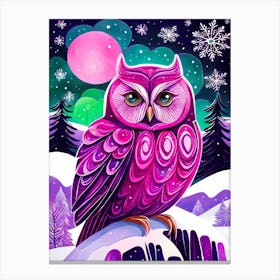 Pink Owl Snowy Landscape Painting (84) Canvas Print