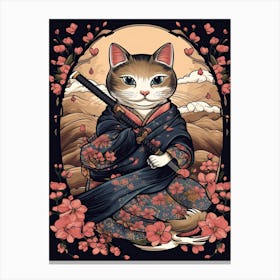 Cute Samurai Cat In The Style Of William Morris 2 Canvas Print