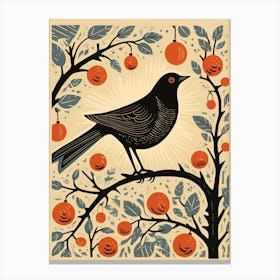 Vintage Bird Linocut Blackbird 3 Canvas Print